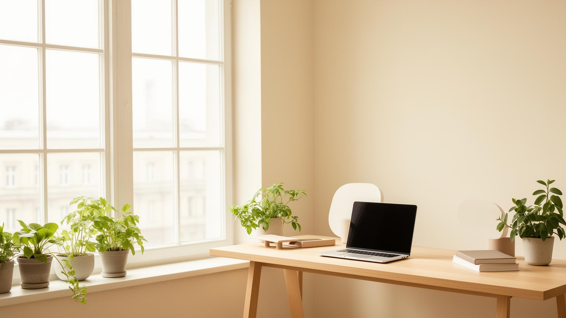 Quiet, sunlit workspace